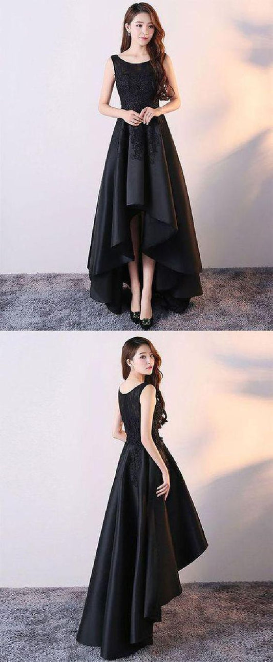 Cute Black Lace Prom Dress Black Round Neck Satin Lace High Low Prom Dress ,lace prom dress cg288