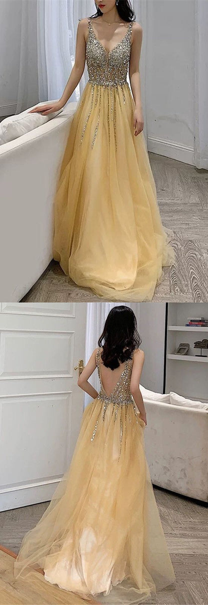 yellow prom dress tulle v neck evening gown sequin beaded cg3324