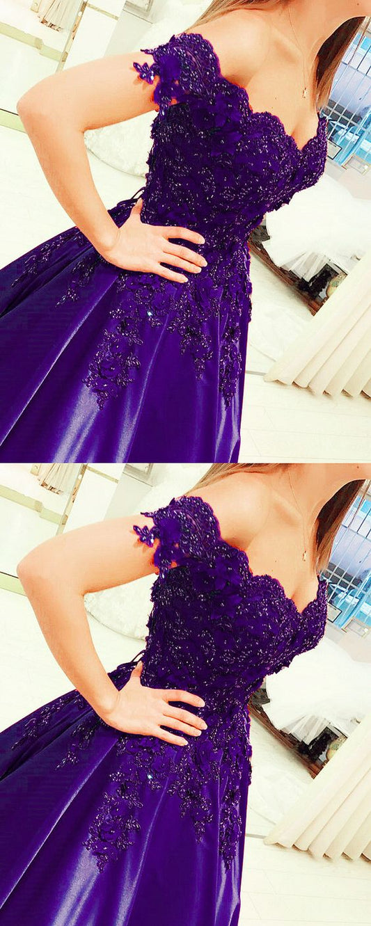 purple ball gown prom dresses elegant lace off shoulder satin gown cg5232