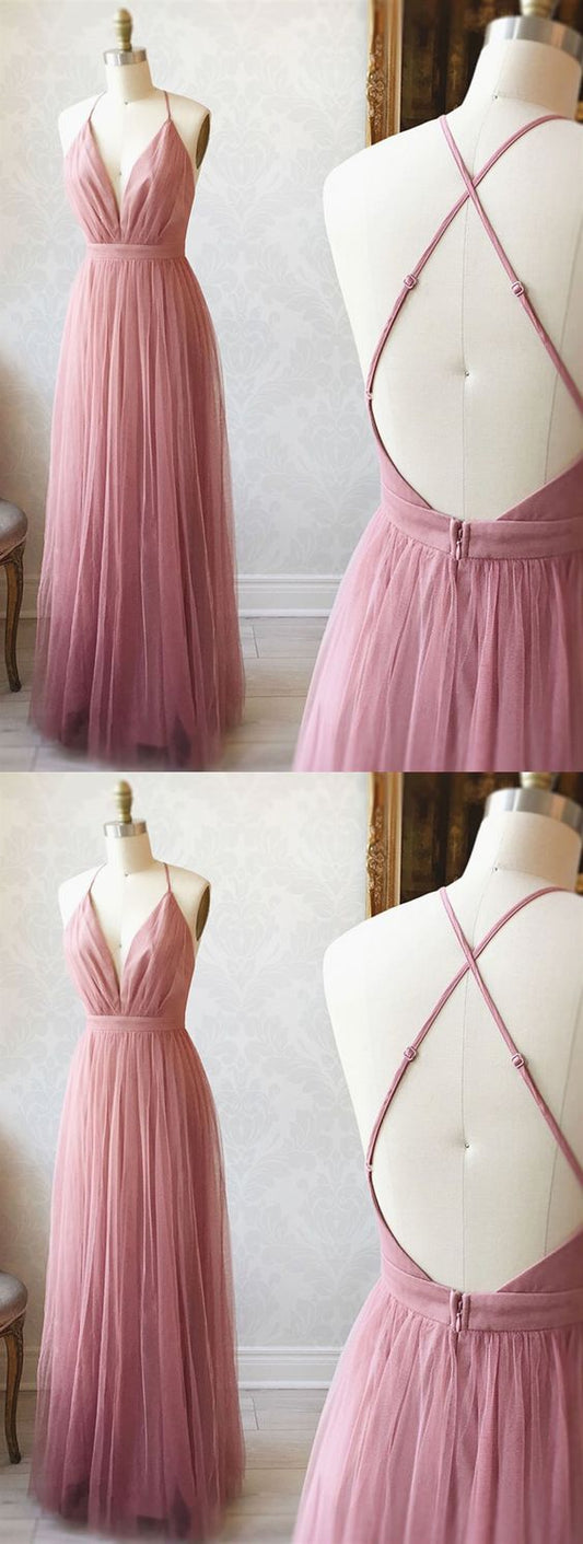 A Line V Neck Pink Backless Prom Dresses, V Neck Pink Backless Formal Evening Bridesmaid Dresses cg5384