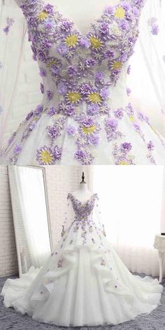 White Tulle Ruffles Long 3D Flower Lace Applique Prom Dress, Quinceanera Dress With Sleeve cg5456