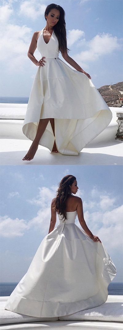 Ivory High Low Prom Dresses,Halter Satin Evening Dress,Sleeveless A-Line Zipper Formal Dress  cg5940