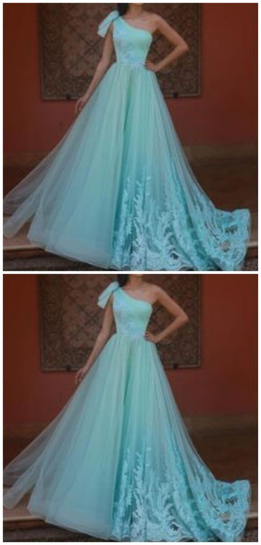 green prom dresses 2020 one shoulder pleats lace appliques a line tulle evening dresses gowns cg7023