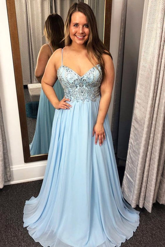 Spaghetti Straps Beaded Sky Blue Long Prom Dress  cg7467