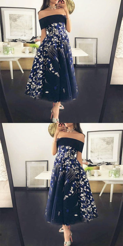 Off the Shoulder Dark Blue Tea-Length Prom Dress with Appliques  cg7499