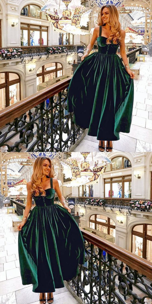 Vintage A-Line Spaghetti Straps Dark Green Velvet Prom Dress  cg8150