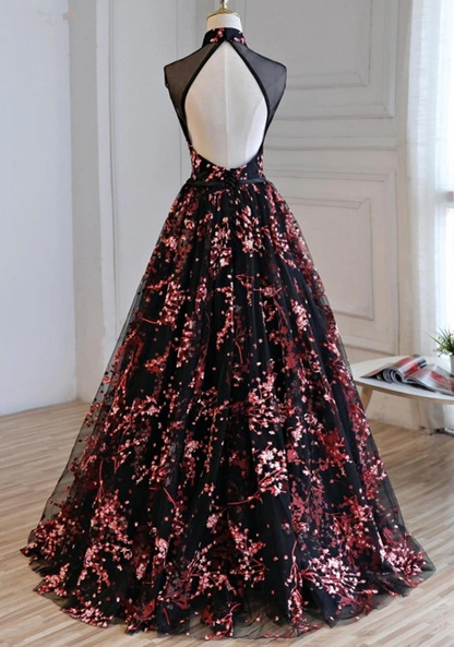 Gorgeous Black Tulle Long Formal Gown, Floral Evening Party prom Dress  cg8165
