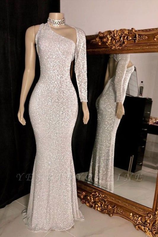 Sparkly One Shoulder Silver Floor Length Column Prom Dresses  cg8839