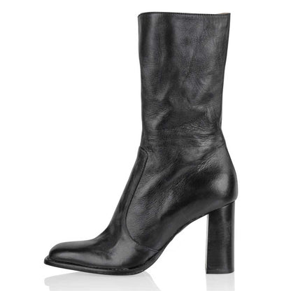 Black Vegan Leather Square Toe Chunky Heel Pull-On Mid Calf Boots