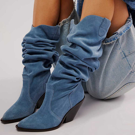Blue Denim Pointed Toe Chunky Heel Over-the-Knee Slouch Boots