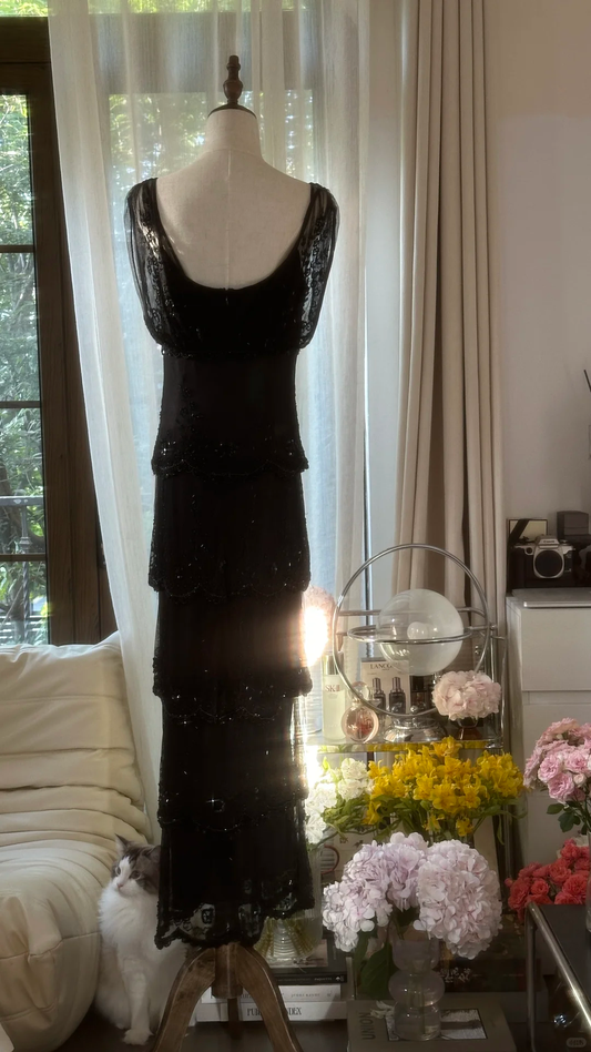 Vintage Black Applique Elegant Design A-line Romantic Chiffon Evening Dress Prom Dress TP4002