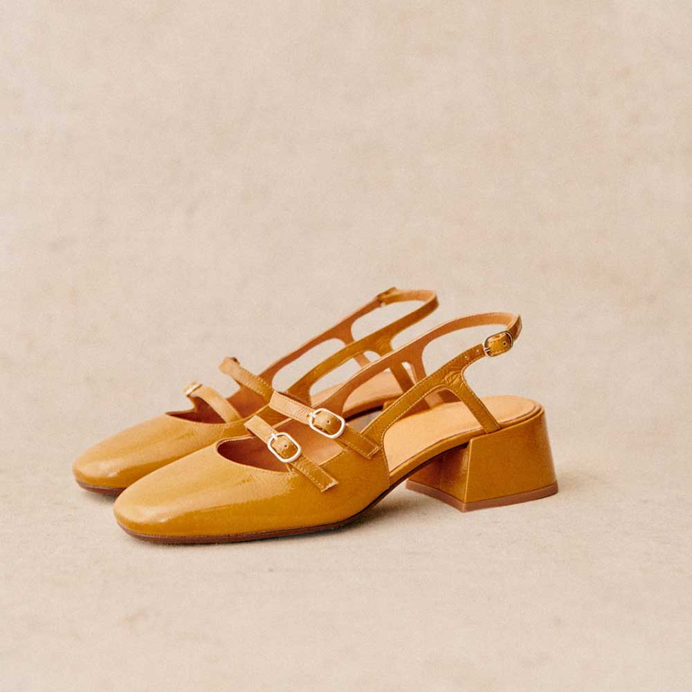 Mustard Square Toe Block Heel Vintage Slingback Pumps