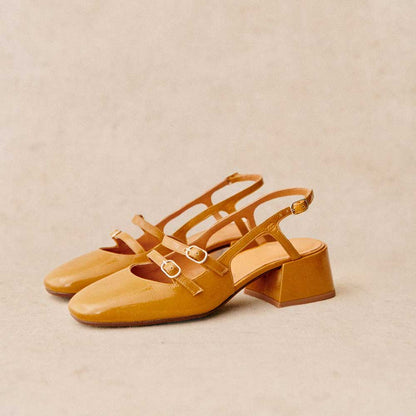 Mustard Square Toe Block Heel Vintage Slingback Pumps