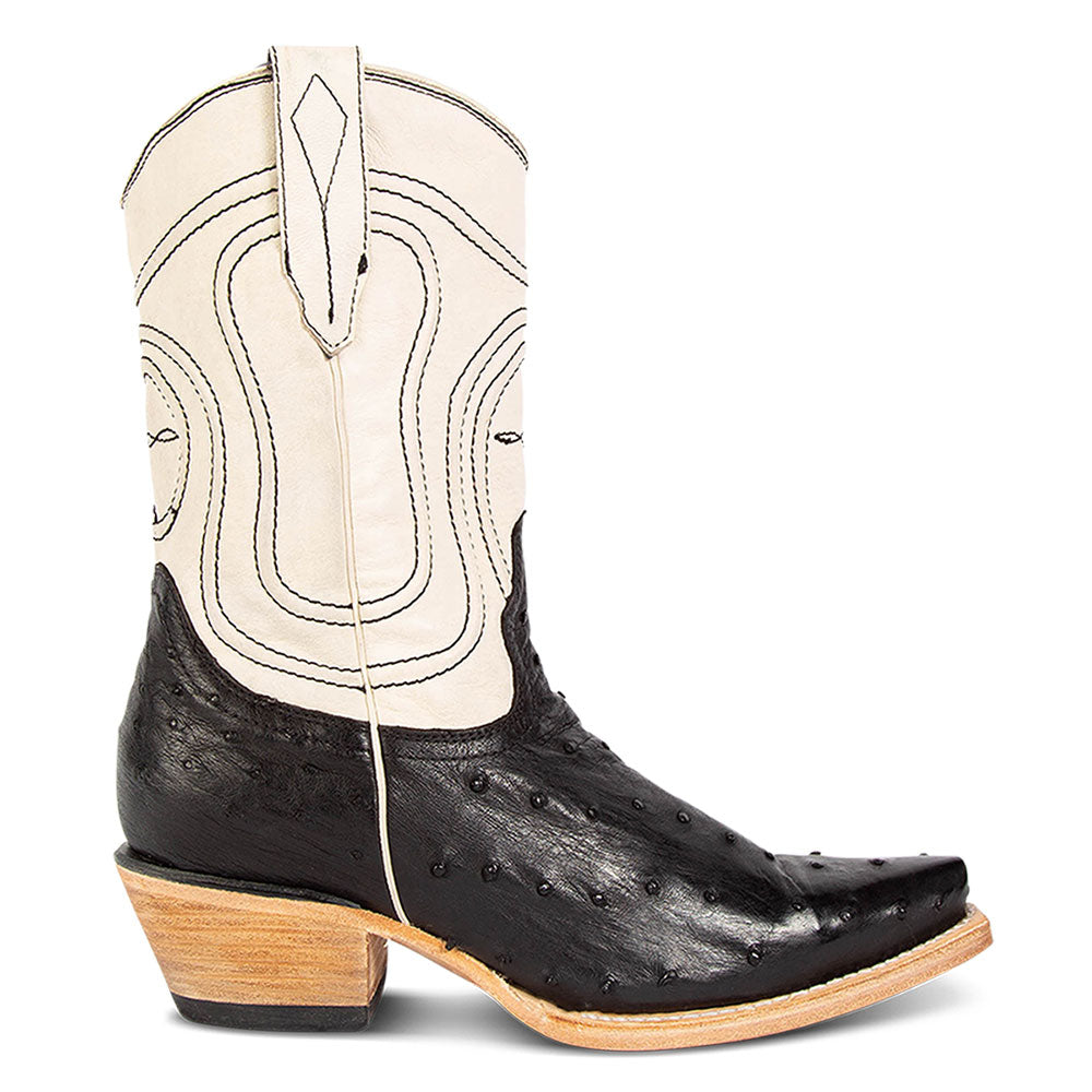 Black & White Pointed Toe Chunky Heel Embroidered Western Boots