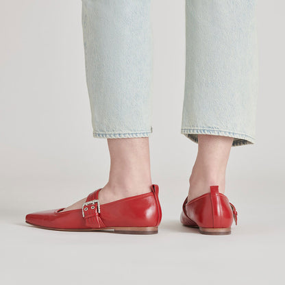 Red Vegan Leather Square Toe Flat Buckle Mary Jane Shoes