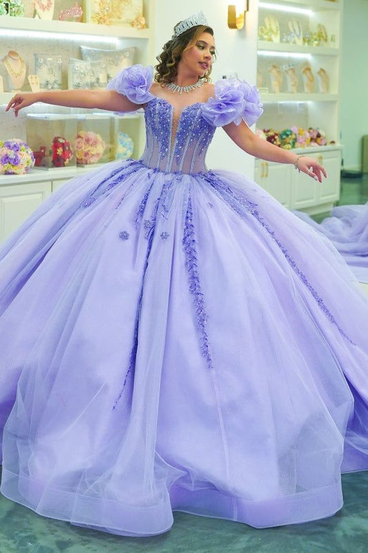 Charming Ball Gown Off-The-Shoulder Appliques Purple Tulle Sweet 16 Dress, Quinceanera Dress SH2638