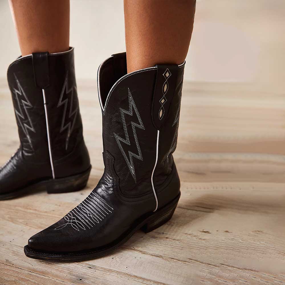 Black Lightning Embroidered Pointed Toe Low Heel Cowgirl Boots