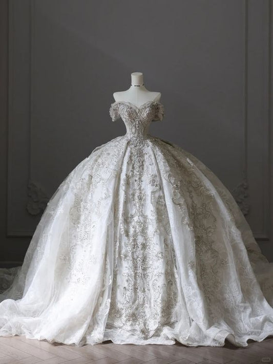Gorgeous Off-Shoulder Embroidered Wedding Dress A-Line Fairytale Beading Lace Bridal Gown TP5076