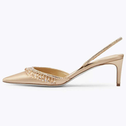 Gold Satin Pointed Toe Rhinestone Embellished Kitten Heeled Pumps