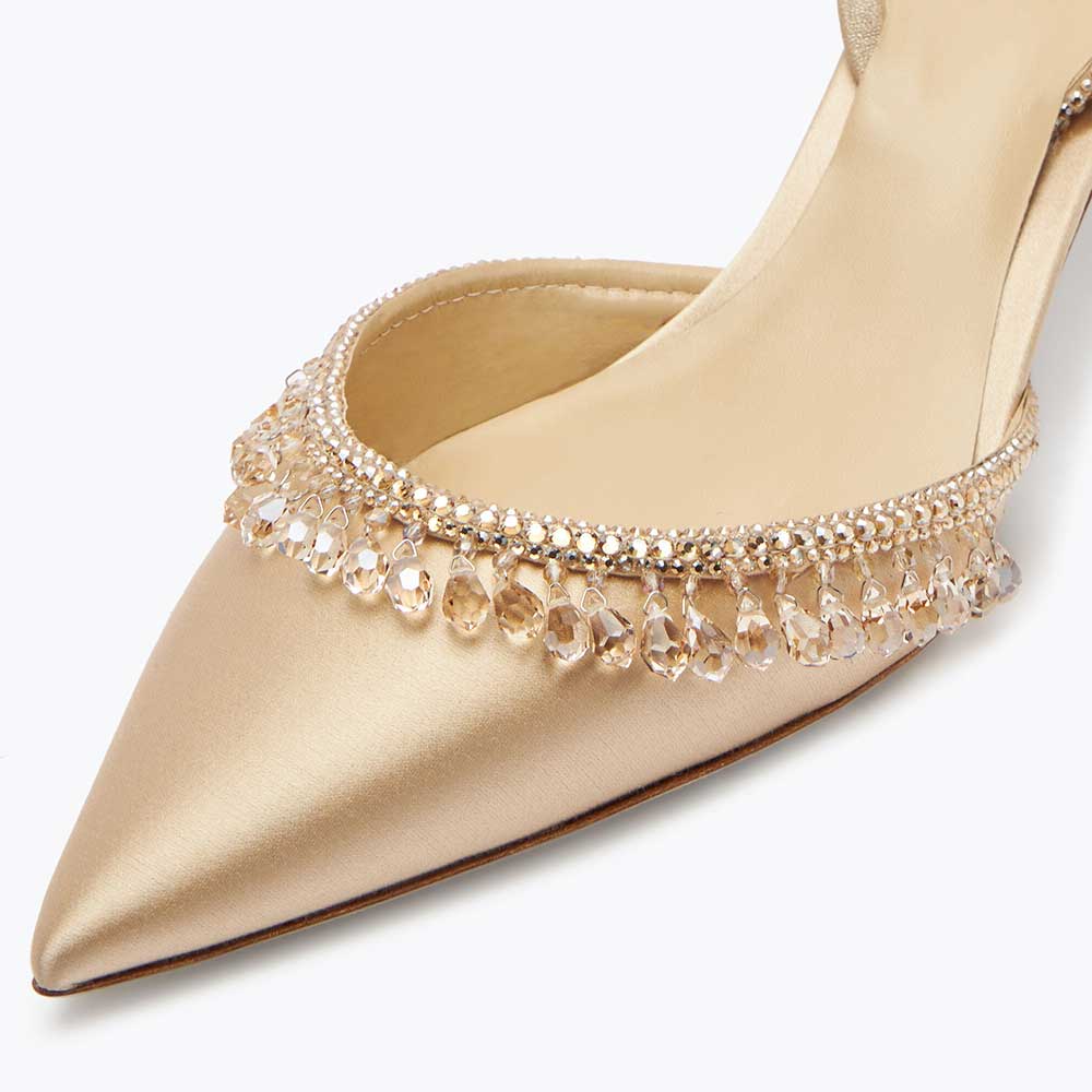 Gold Satin Pointed Toe Rhinestone Embellished Kitten Heeled Pumps