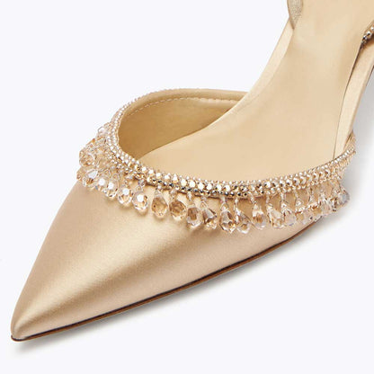 Gold Satin Pointed Toe Rhinestone Embellished Kitten Heeled Pumps