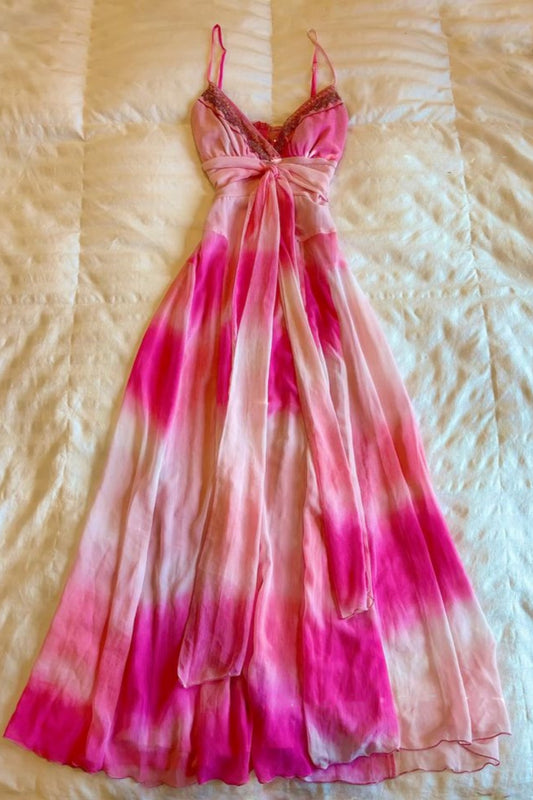 amakanas-Vintage Pink-Purple Gradient Spaghetti Strap Lace-Trimmed Bowknot Long Resort Dress gh6013