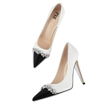White & Black Pointed Toe Stiletto Heel Pumps Shoes with Rhinestone