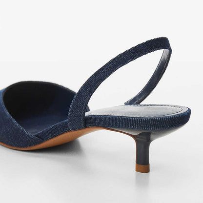 Dark Blue Denim Pointed Toe Kitten Heel Slingback Pumps for Women