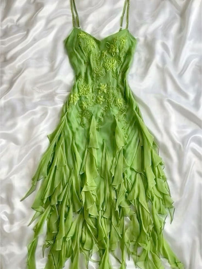 Green flowers exquisite beaded short/mid-length chiffon ruffle homecoming dress birthday party dress gh4862