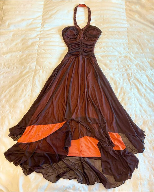 amakanas-Vintage Brown-Orange Contrast Halter Neck Rhinestone-Embellished Asymmetric Ruffled Long Evening Gown gh6014