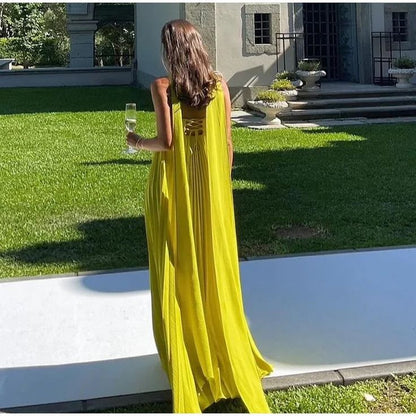Yellow green fashion simple elegant tube top off shoulder long chiffon ball gown party dress evening dress with scarf Prom Dress gh3662