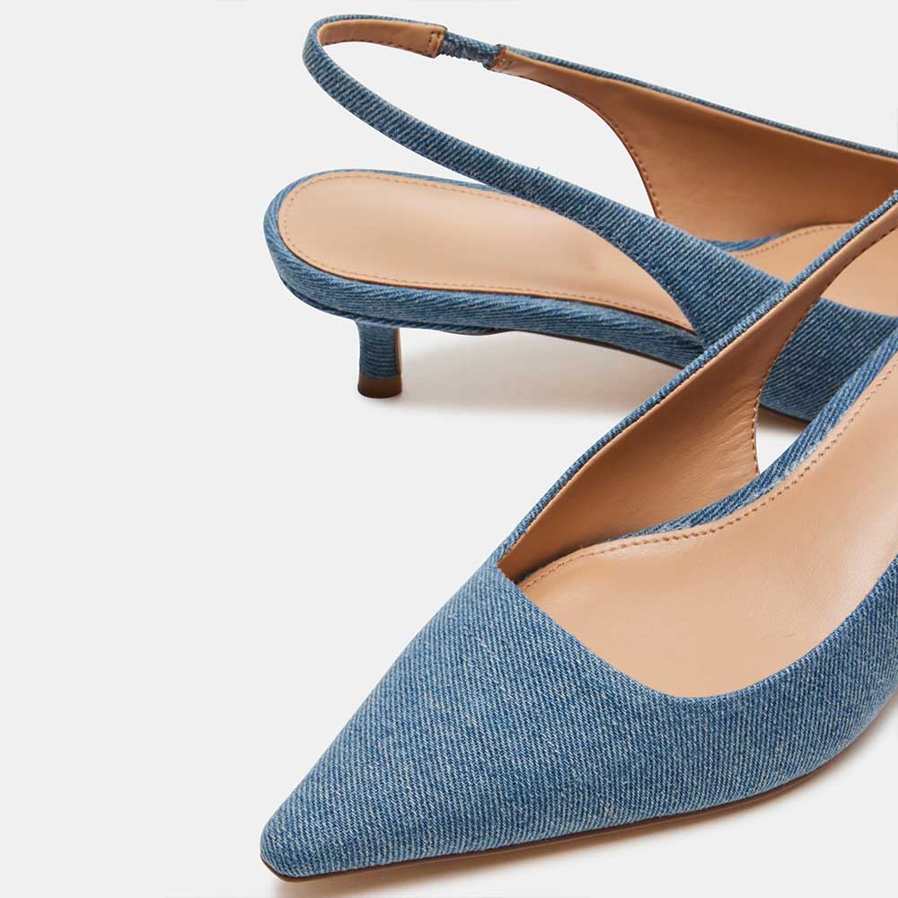 Blue Denim Kitten Heel Slip-On Slingback Pumps with Pointed Toe