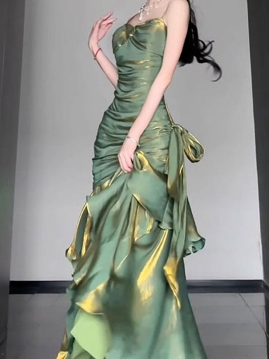 Vintage Mermaid Spaghetti Straps Green Long Summer 18th Birthday Dress Party Dress Birthday Outfits Evening Dresses DH2403