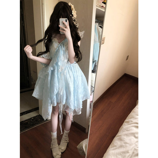 Cute Ball Gown Spaghetti Straps Light Blue Lace Summer 18th Birthday Dress Lolita Dress Birthday Outfits Lolita Outfit DH2404
