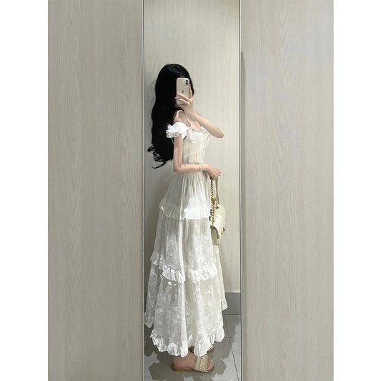 Vintage A line Square Neck White Lace Long Summer 18th Birthday Dress Party Dress Birthday Outfits Evening Dresses DH2408