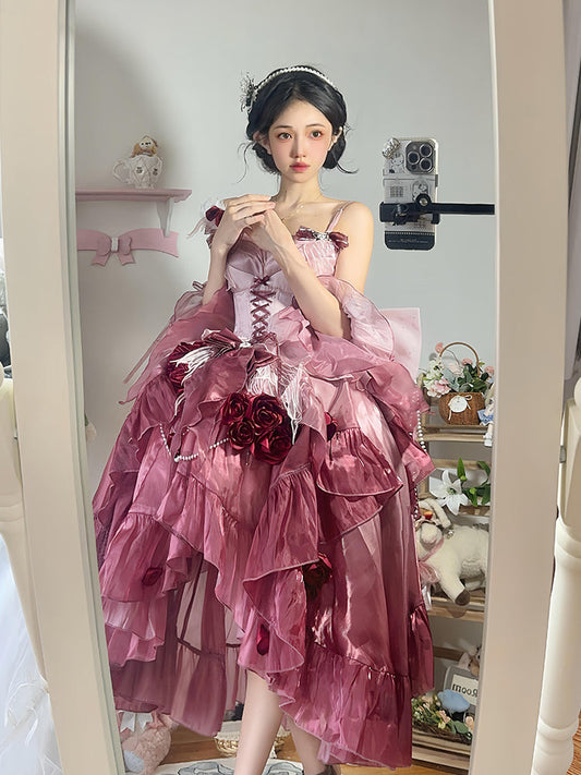 Vintage Ball Gown Spaghetti Straps Chiffon Summer 18th Birthday Dress High Low Ombre Pink Lolita Dress 18th Birthday Outfits DH2416