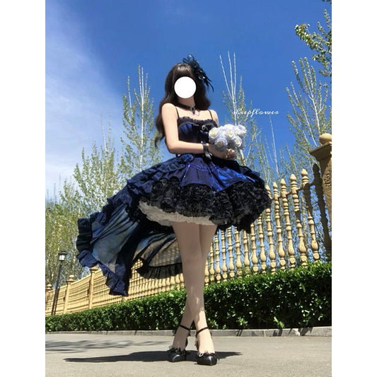 Vintage Ball Gown Spaghetti Straps Black And Blue Lace Summer 16th Birthday Dress Lolita Dress Mini 18th Birthday Outfits Short Lolita Outfit DH2421