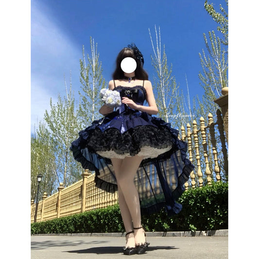 Vintage Ball Gown Spaghetti Straps Black And Blue Lace Summer 16th Birthday Dress Lolita Dress Mini 18th Birthday Outfits Short Lolita Outfit DH2421