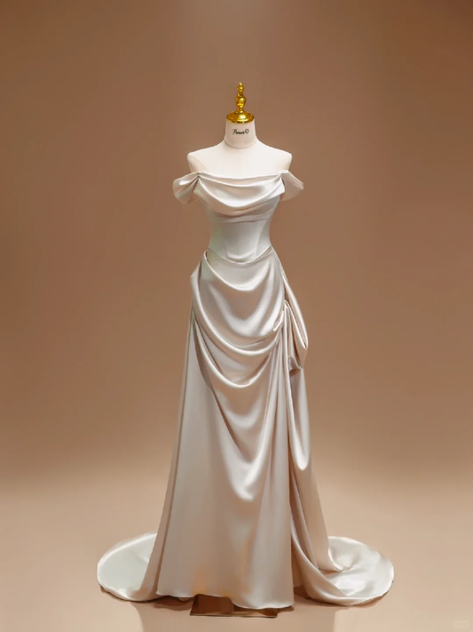 Unique Bridal Dress A line Off The Shoulder Satin Long Wedding Dress Long Wedding Dresses Modest Wedding Gowns DH2799