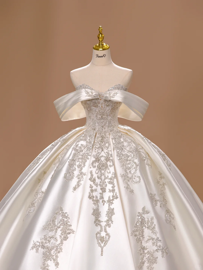 Princess Wedding Dress Ball Gown Off The Shoulder Satin Lace Short Sleeves Wedding Dresses Bridal Gowns DH2803