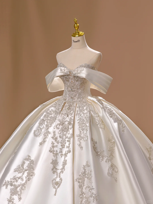 Princess Wedding Dress Ball Gown Off The Shoulder Satin Lace Short Sleeves Wedding Dresses Bridal Gowns DH2803