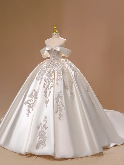 Princess Wedding Dress Ball Gown Off The Shoulder Satin Lace Short Sleeves Wedding Dresses Bridal Gowns DH2803