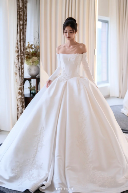 Timeless Off-the-shoulder A-Line Simple Wedding Dresses Satin White Bridal Gowns Long Sleeve Bridal Dresses DP3250