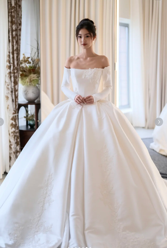 Timeless Off-the-shoulder A-Line Simple Wedding Dresses Satin White Bridal Gowns Long Sleeve Bridal Dresses DP3250