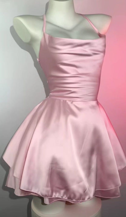 Cute Pink Straps A-Line Short Party Dress Satin Homecoming Dresses