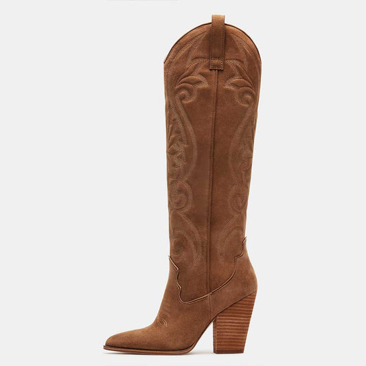 Pointed Toe Chunky Heel Embroidered Knee-high Cowgirl Boots in Brown