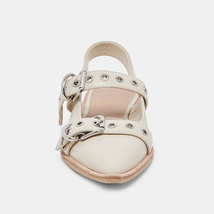 Ivory Patent Leather Pointed Toe Studded Slingback Strappy Flat Pumps