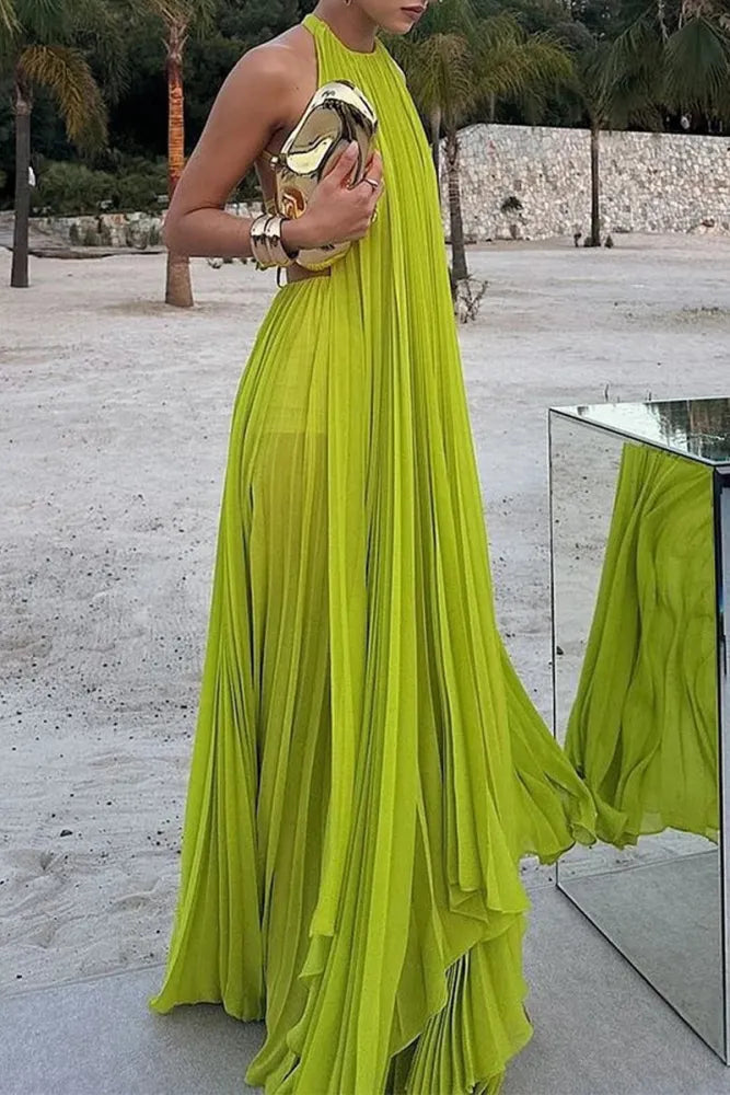 Yellow green fashion pleated backless long elegant chiffon ball gown evening dress party dress gh3127