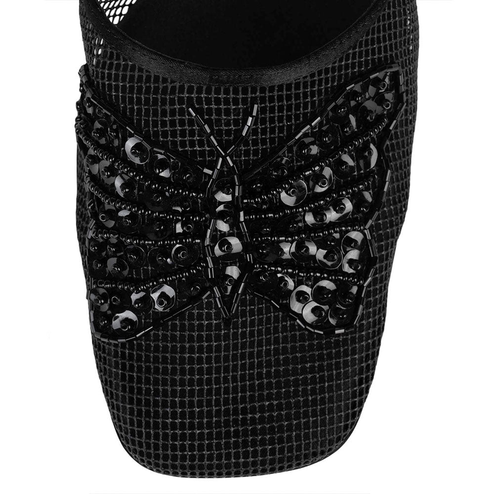 Black Fishnet Square Toe Kitten Heel Sequin Wide Band Mules Shoes