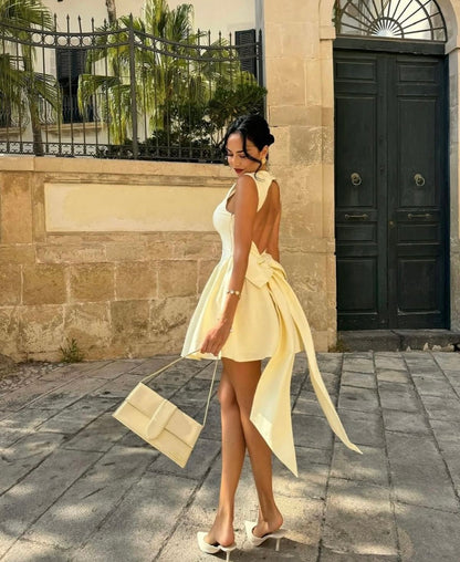 amakanas-Yellow fashion sweet backless elegant short satin homecoming dress birthday dress gh5268
